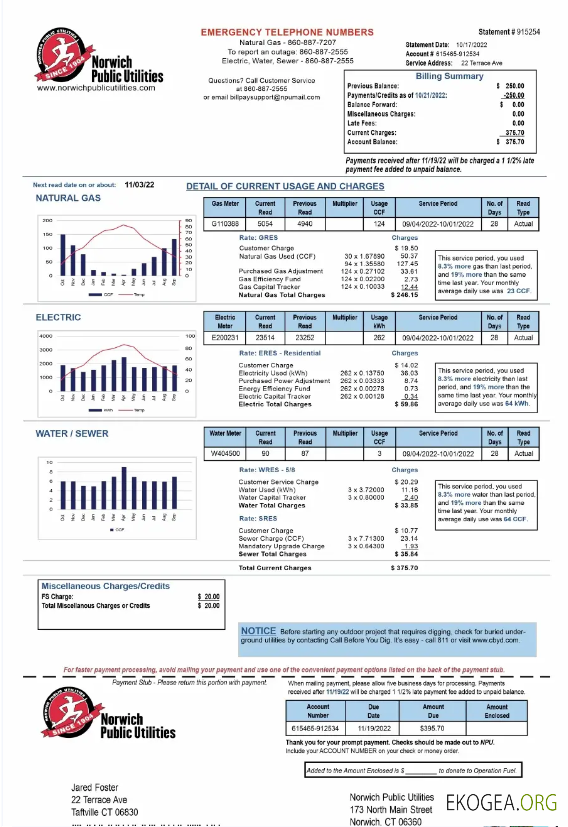 USA NORWICH PUBLIC UTILITIES utility bill Word and PDF template